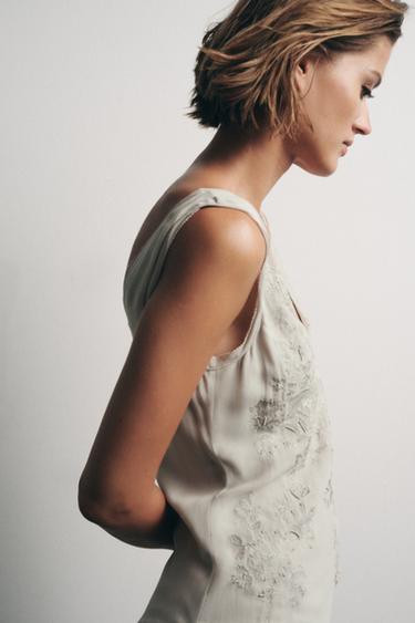 GEORGETTE DRESS WITH EMBROIDERY AND BEADS - Taupe grey by Zara