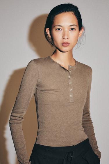 Zara HENLEY T-SHIRT - Taupe gray