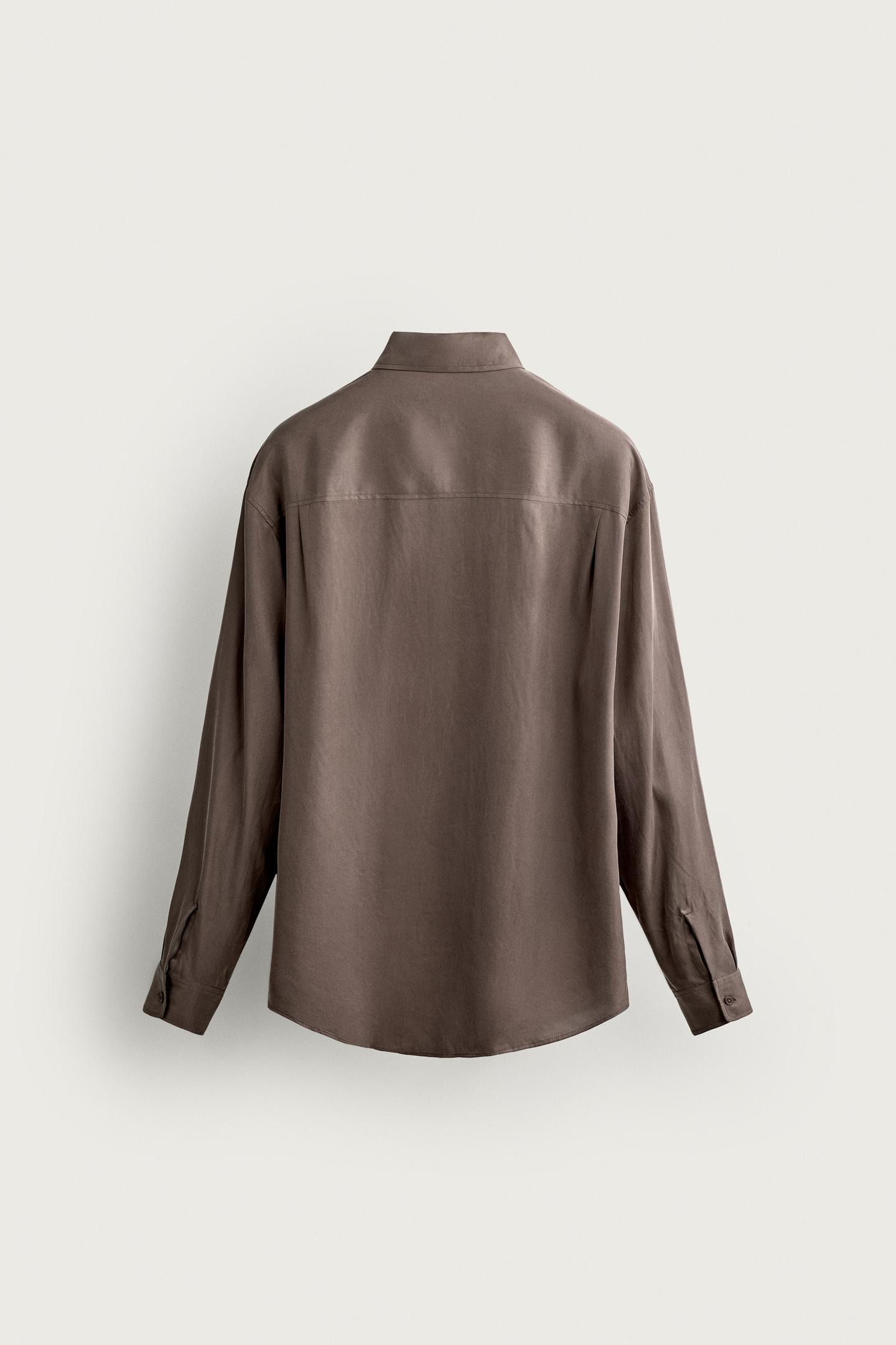 Мужская рубашка Zara Relaxed Fit Flowy, цвет: Серо-коричневый серый — фото 9