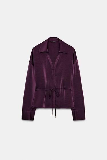 Zara SATIN EFFECT BLOUSE WITH THIN BELT - Burgundy