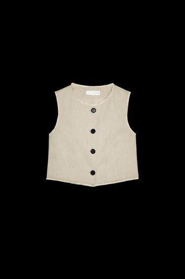 Zara LINEN FRAYED RUSTIC VEST - Sand - Image 0