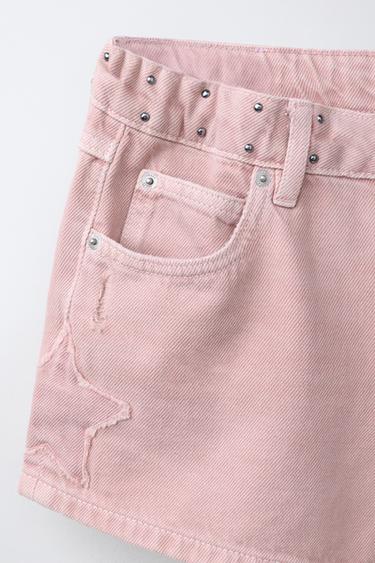 Zara STAR PATCH STUDDED DENIM SHORTS - Pink