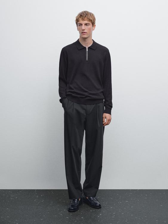 Knit wool blend polo sweater with zip