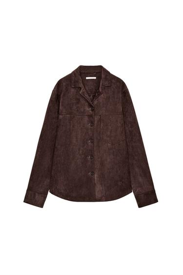 Zara FAUX SUEDE OVERSHIRT - Chocolate brown