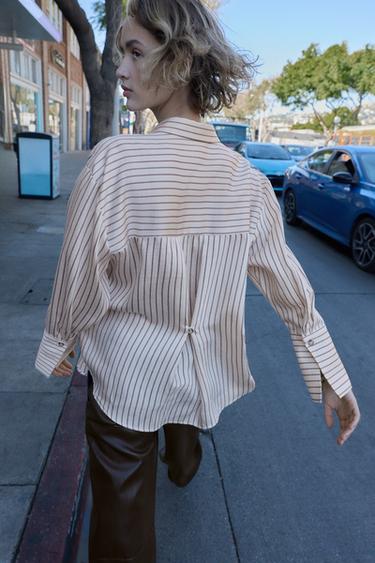 STRIPED SHIRT WITH WIDE CUFFS - Ecru / Maroon by Zara