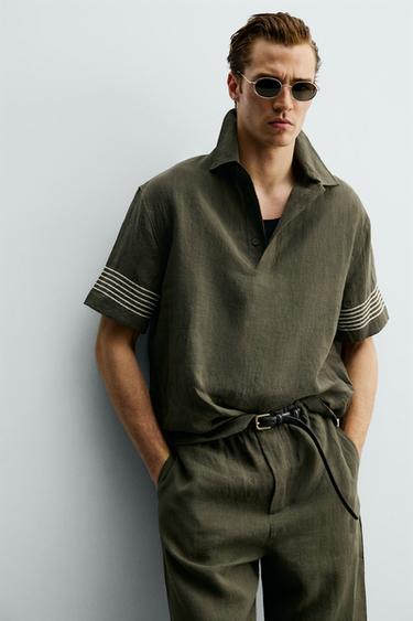 CHEMISE POLO 100 % LIN - Kaki foncé de Zara