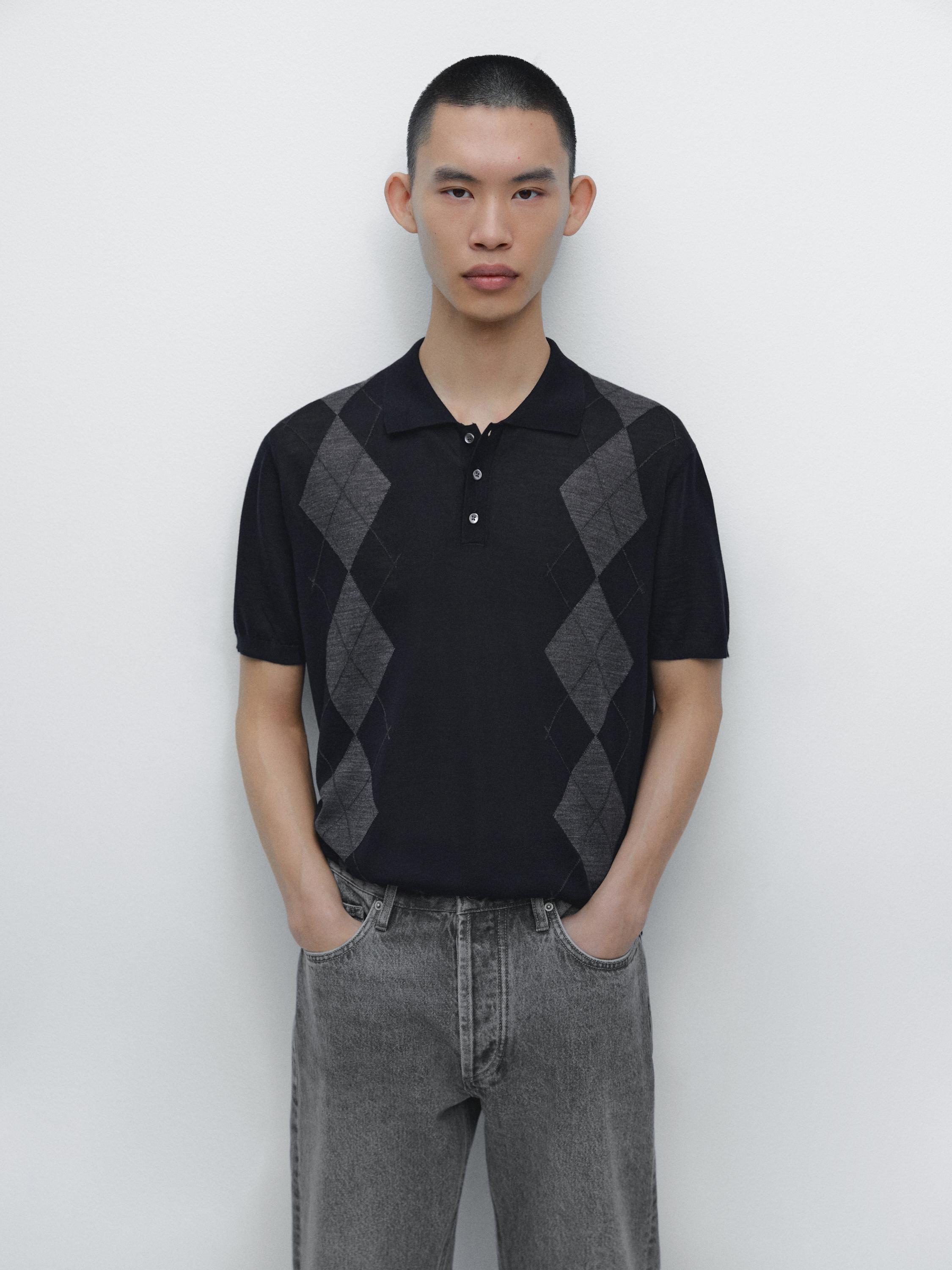 Pull polo losanges en laine mérinos mélangée
