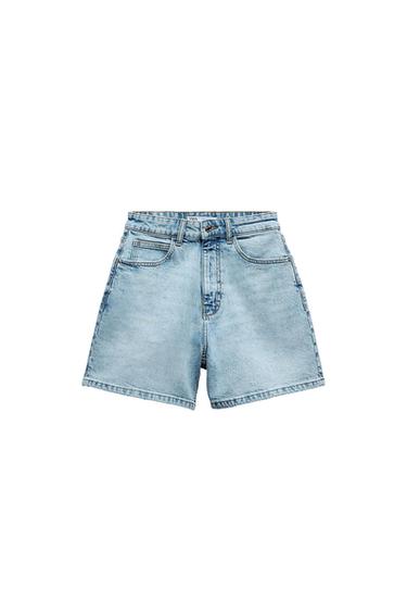 Light blue denim shorts with five pockets and a button and zipper closure. White background.