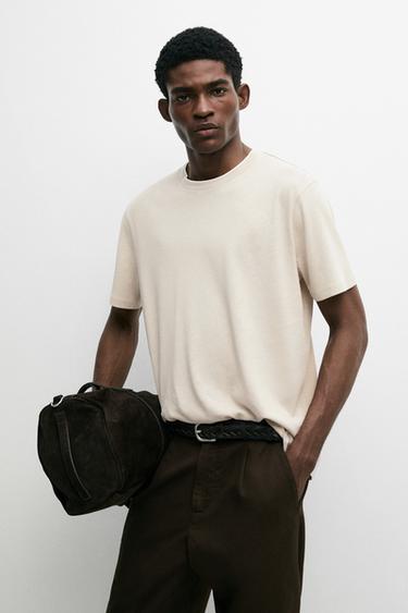 Zara Linen and cotton double-collar T-shirt - Brown