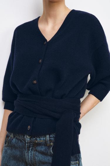 Zara 100% WOOL PUFF SLEEVE CARDIGAN - Navy blue