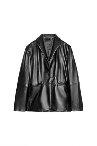 Front view of a black jacket with lapel and front pockets.