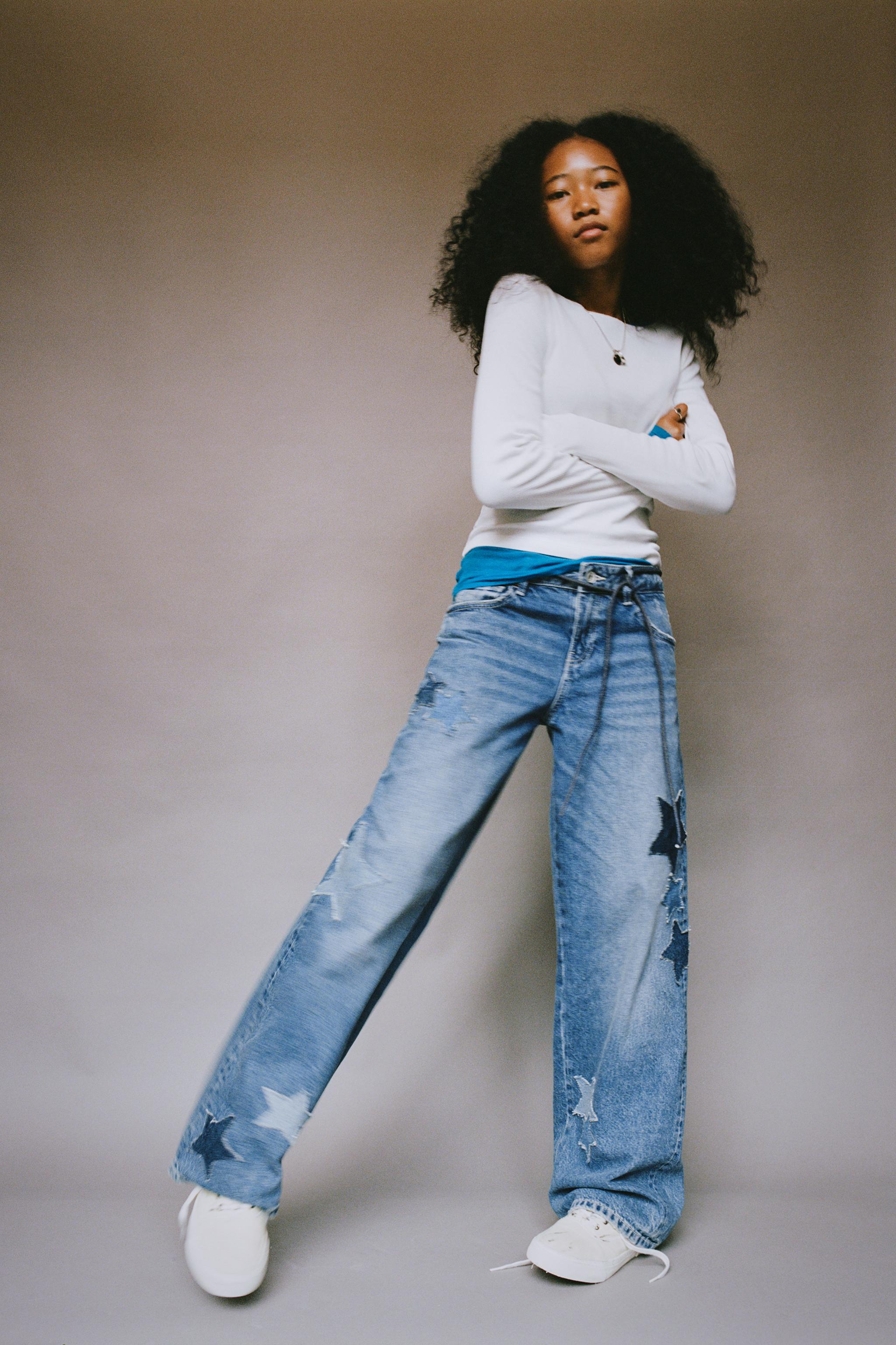 STAR PATCH WIDE-LEG JEANS — Blue