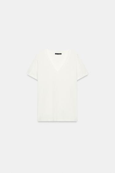 Zara FLOWY V-NECK T-SHIRT - Oyster-white