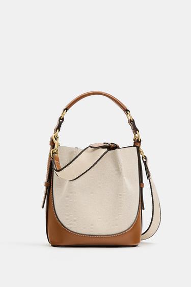 Zara TOPSTITCH CANVAS BUCKET BAG - Dark tan