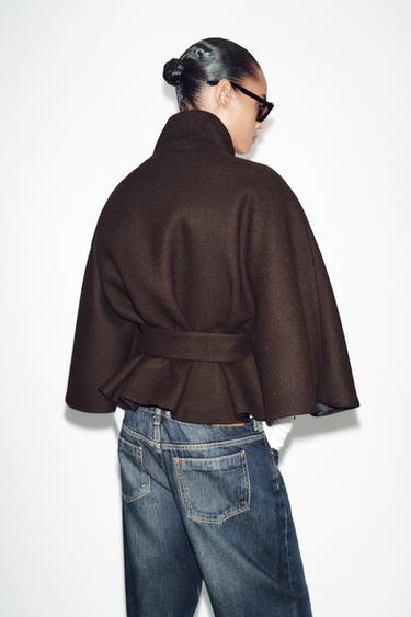CROPPED WOOL CAPE COAT WITH BELT - Brown by Zara - Image 5