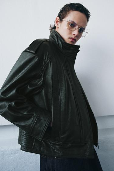 Zara LEATHER BOMBER JACKET ZW COLLECTION LIMITED EDITION - Bottle green