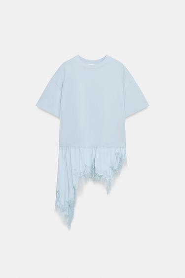 CONTRAST LACE T-SHIRT - Pastel blue by Zara