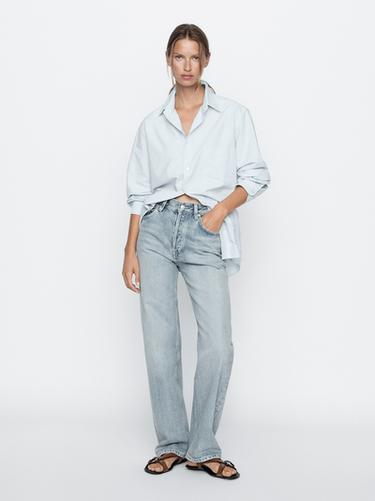 Zara Cotton blend high-waist straight-leg jeans - Light blue