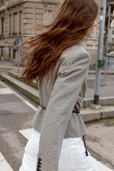 GINGHAM CHECK CROPPED BLAZER WITH BELT - Ecru / Black by Zara - Image 1