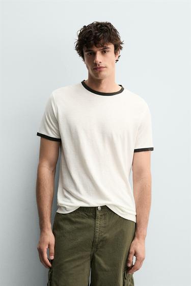 REGULAR FIT CONTRAST LINEN BLEND T-SHIRT - Oyster-white by Zara