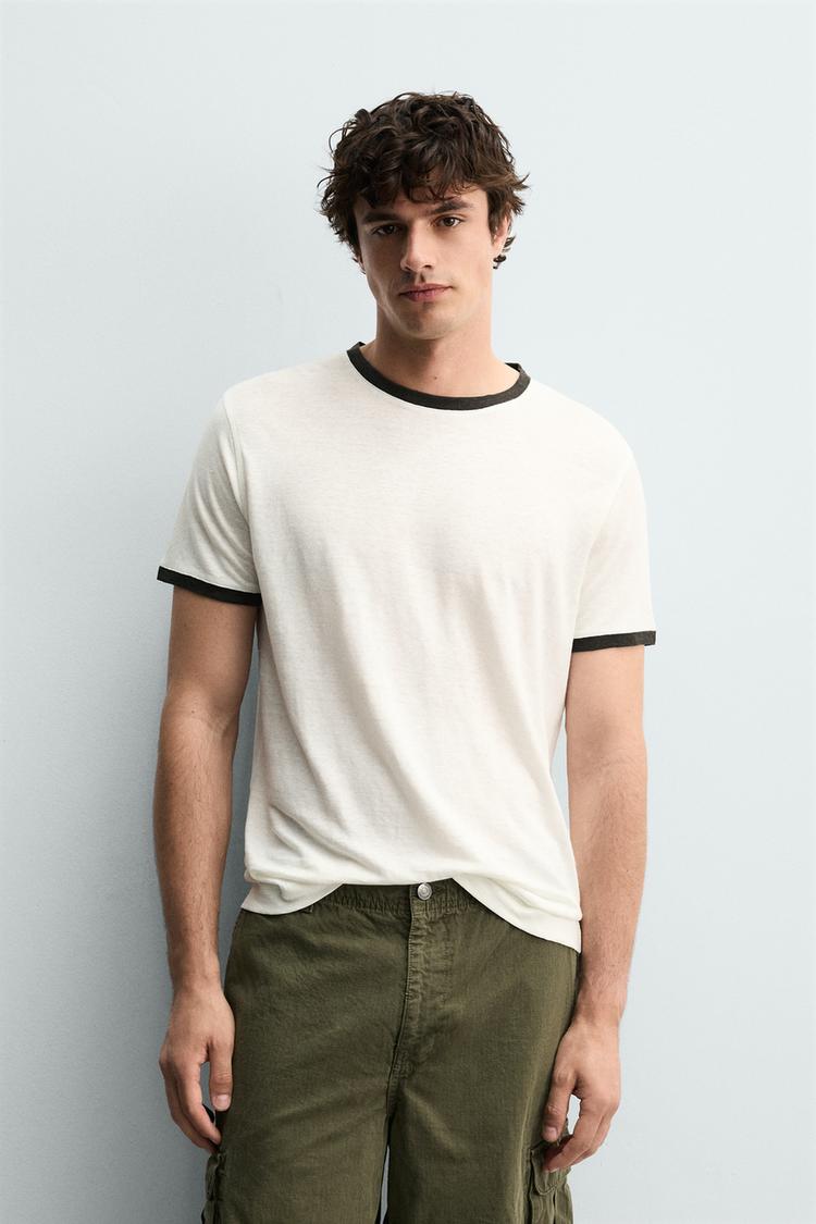 ZARA REGULAR FIT CONTRAST LINEN BLEND T-SHIRT
