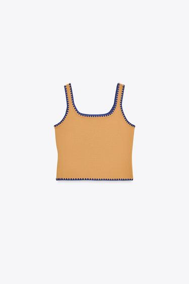 KNIT TOP WITH CONTRAST EMBROIDERY - Mid-camel by Zara