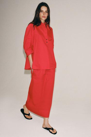 ZW COLLECTION POPLIN MIDI SKIRT - Red by Zara