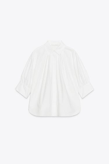 Zara ZW COLLECTION PLEATED BALLOON SLEEVE SHIRT - White