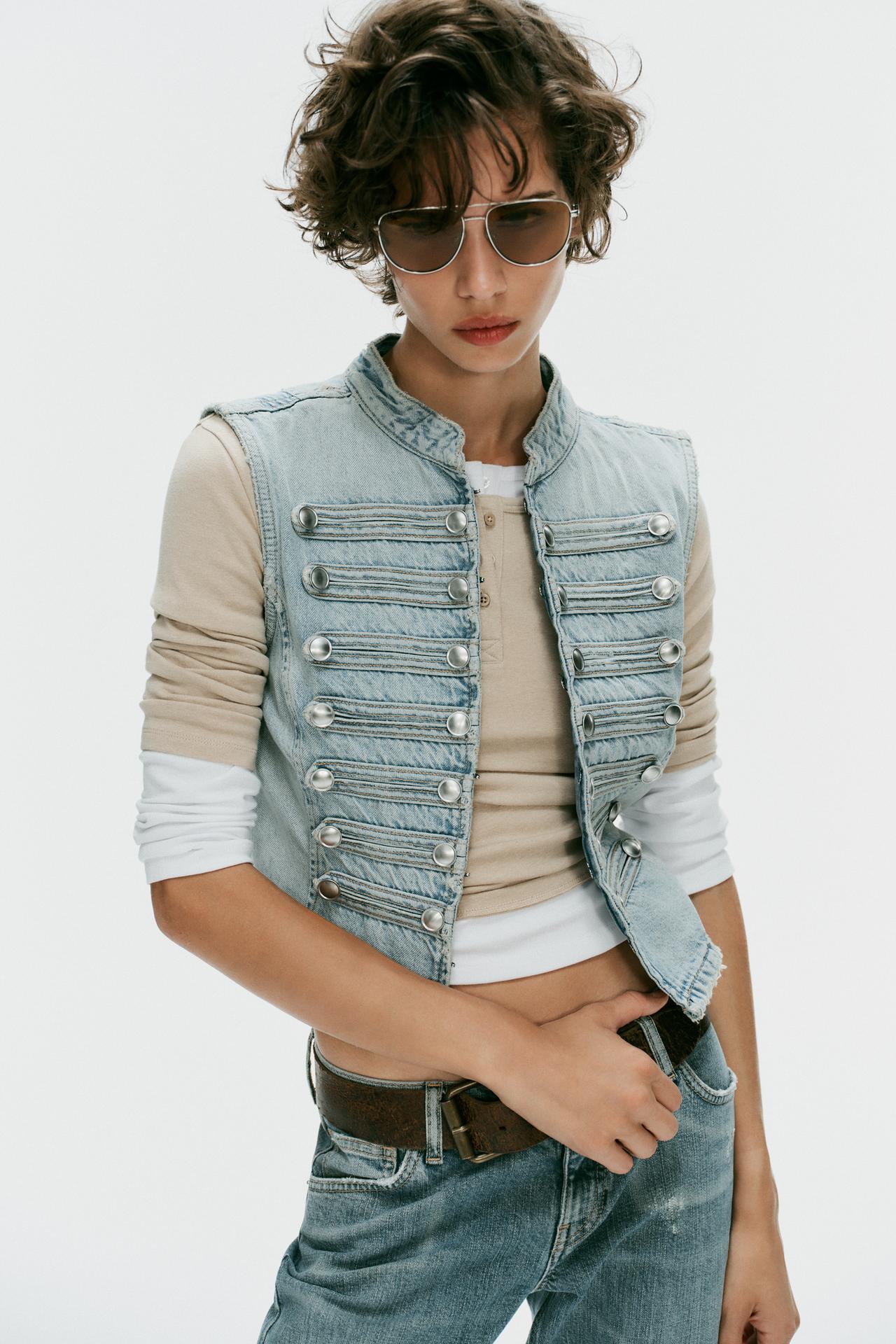 TRF DENIM BUTTON VEST — Light blue