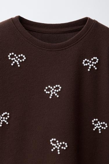 T-SHIRT SOFT TOUCH À NŒUD EN PERLES - Marron de Zara - Image 2