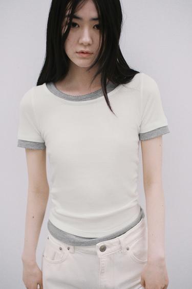 ダブルリブ ギャザー入りＴシャツホワイトZaraのダブルリブ ギャザー入りＴシャツ - ホワイト 