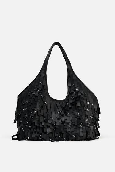 LEATHER FRINGE XL MAXI TOTE BAG - Black by Zara