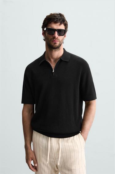 PURL KNIT POLO SHIRT WITH ZIP - Black by Zara