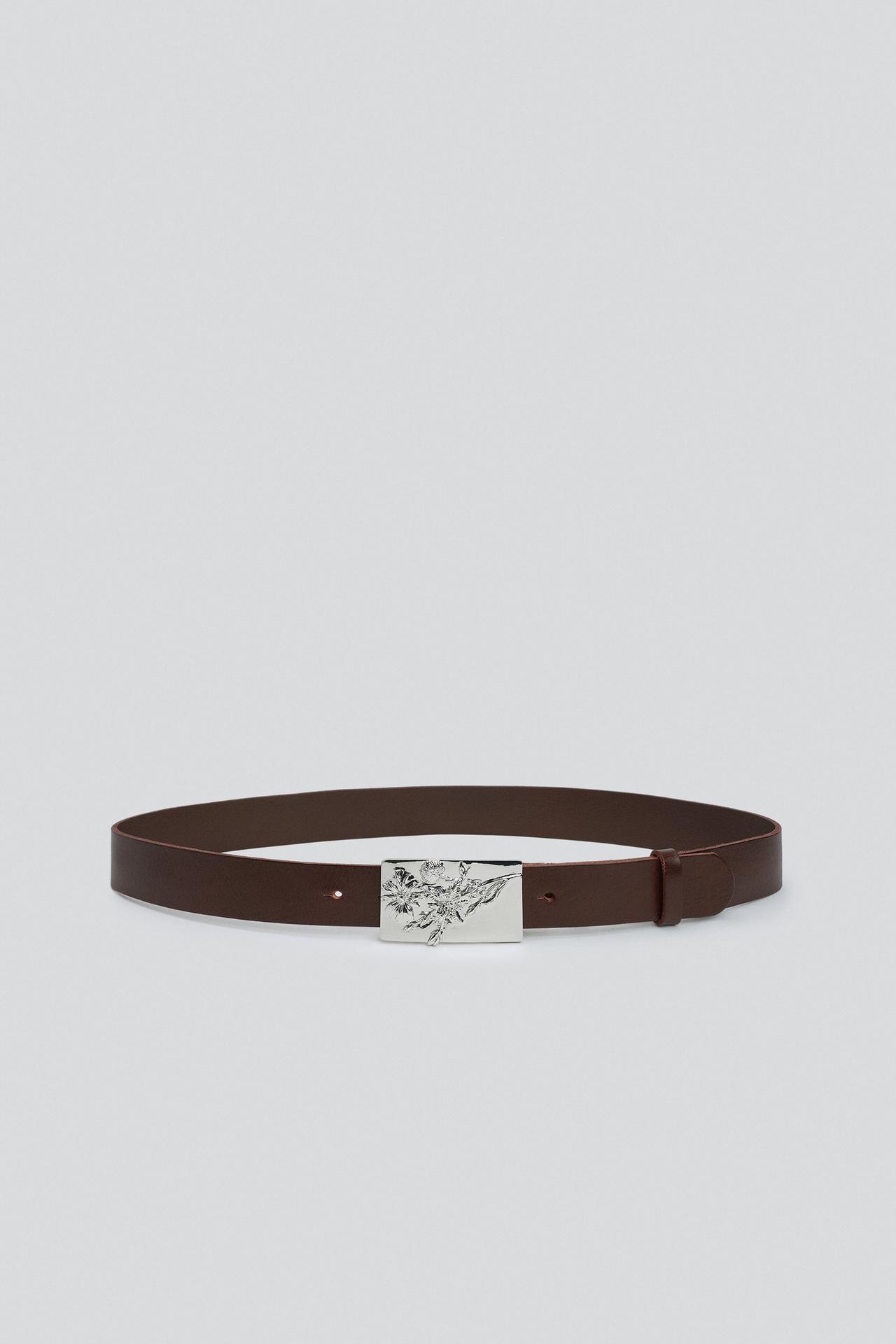 100% LEATHER RECTANGULAR PLAQUE BUCKLE BELT — Brown