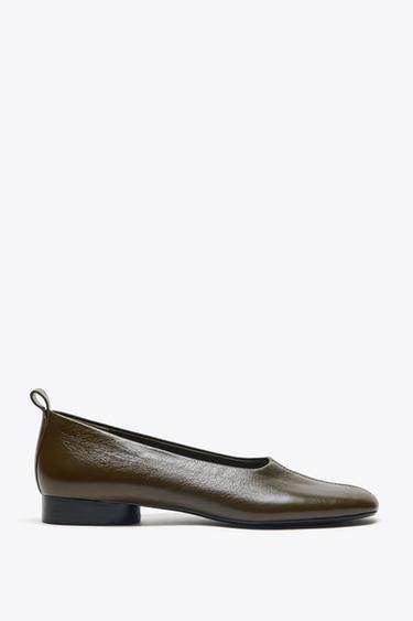 BALLERINES EN CUIR À TALONS BAS - Vert kaki de Zara