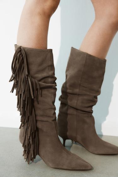 Zara FRINGED SUEDE BOOTS - Dark tan