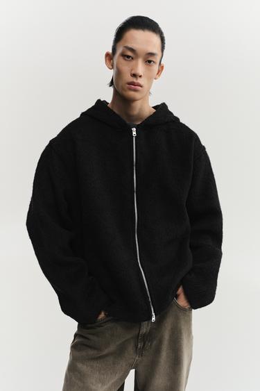 Zara 毛絨效果連帽襯衫式外套 - 黑色