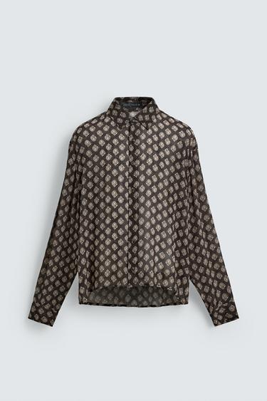 Zara GEOMETRIC PRINT FLOWY SHIRT - Brown