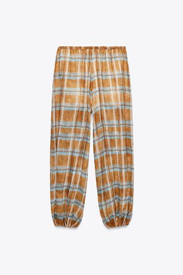 PANTALON BOUFFANT À CARREAUX EN RAMIE ZW COLLECTION - Orange de Zara - Image 2