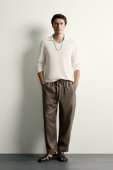 Zara 100% LINEN RELAXED FIT PANTS - Brown / Taupe