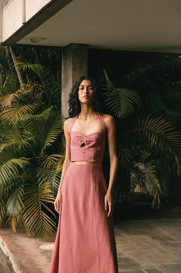 Zara RAMIE HALTER MIDI DRESS - MARSALA