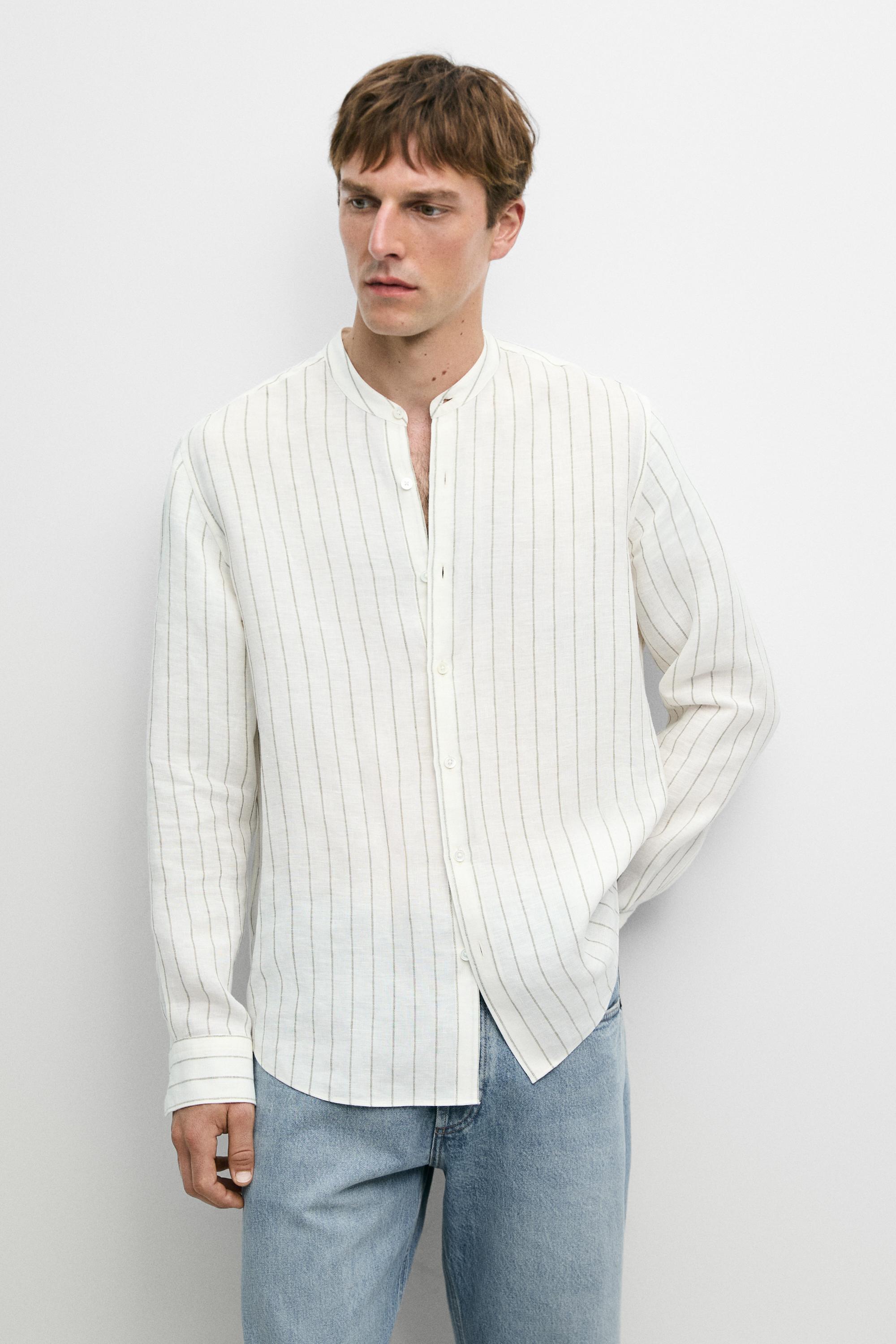 100% linen striped stand collar shirt — Sand