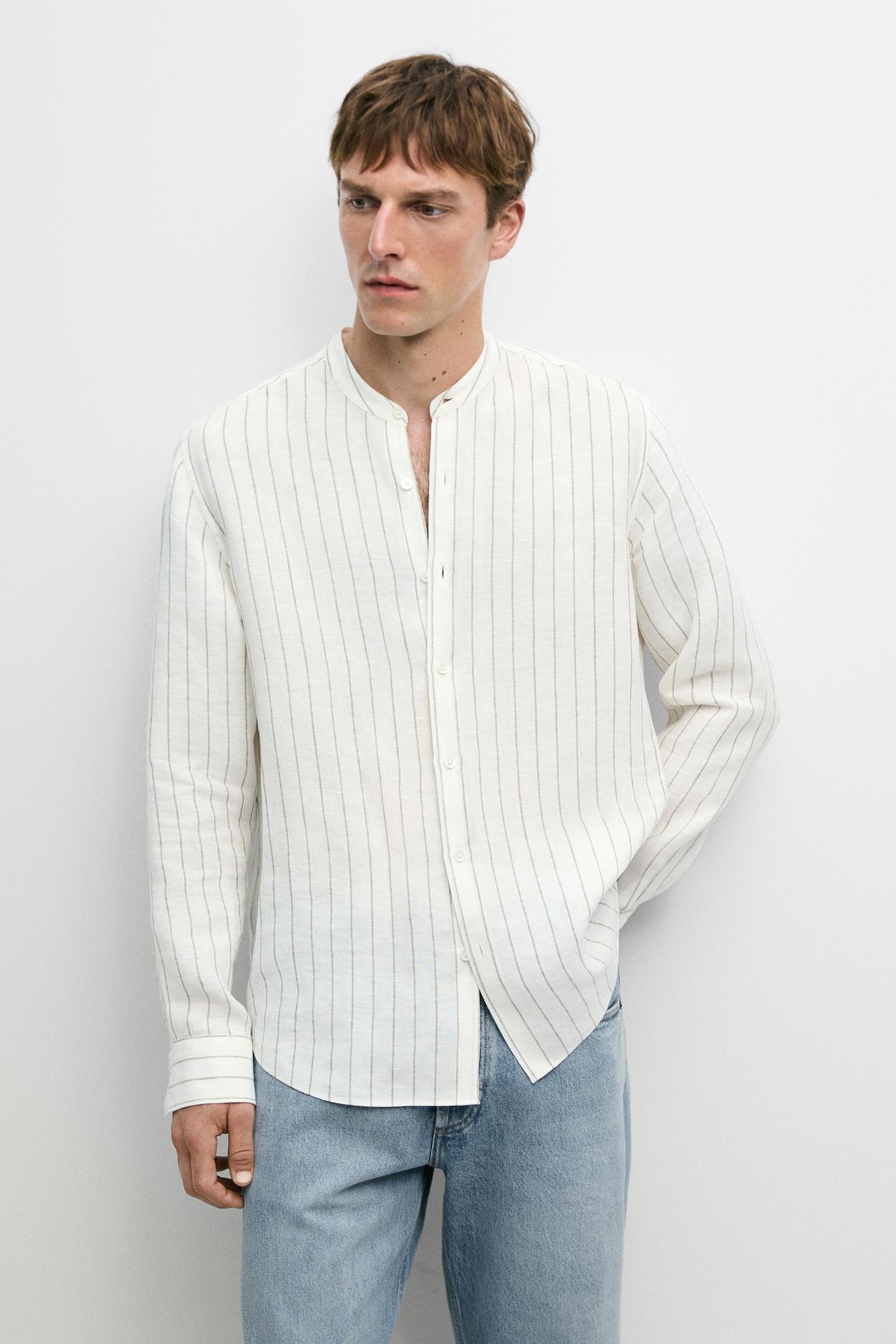 100% linen striped stand collar shirt — Sand