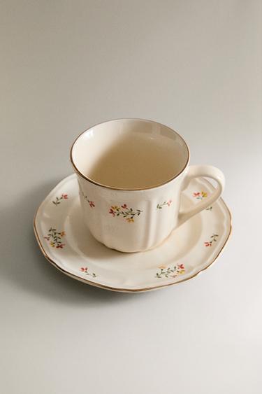 FLORAL PORCELAIN TEACUP AND SAUCER - Cream by Zara - Image 1