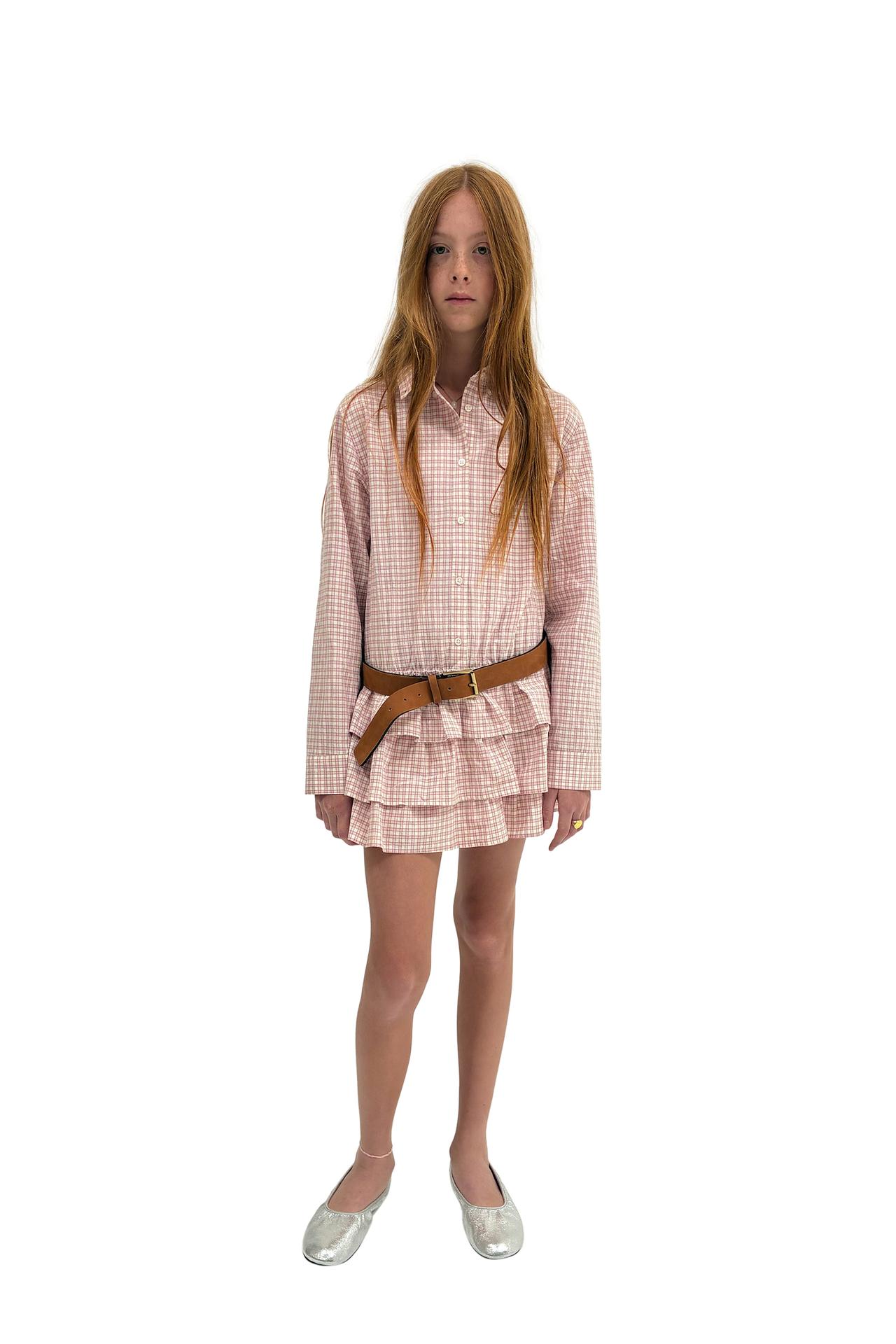 PLAID RUFFLED SHIRT DRESS — Pink