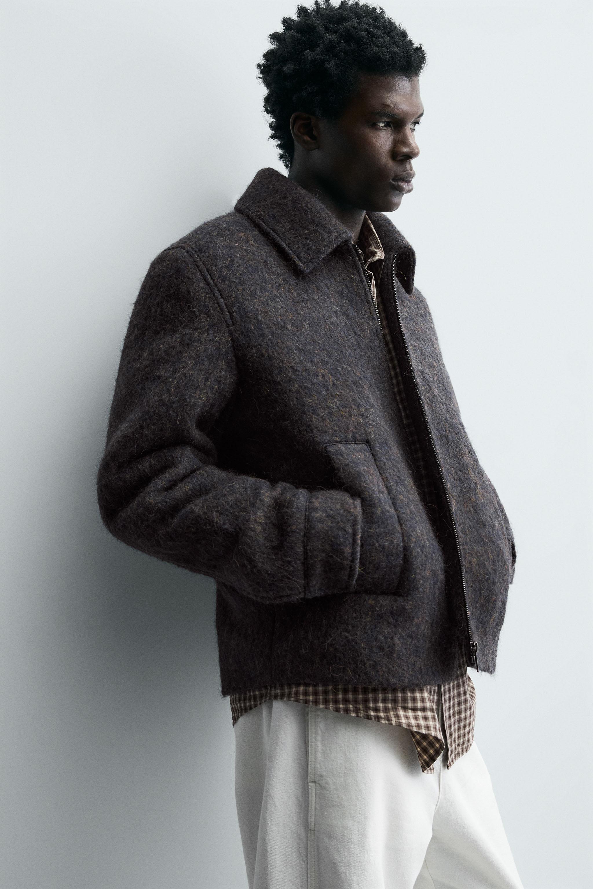 クロップドフィットテクスチャーシャツジャケット - ブラウンブルー