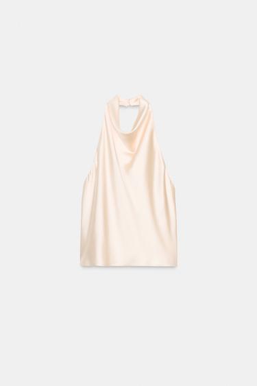 Zara SATIN EFFECT HALTER TOP - Cream