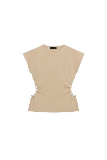 Zara CUT OUT BEADED KNIT TOP - Champagne