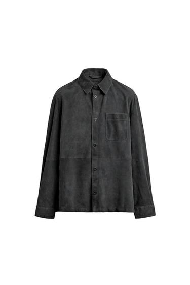 Front view of a blue-grey regular fit overshirt with a shirt collar, long sleeves, patch pocket on the chest, and a front button fastening.