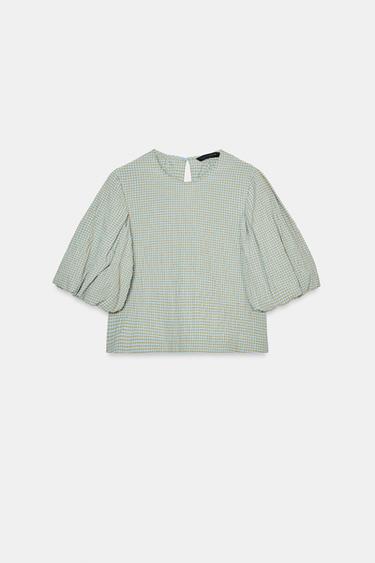 TOP À CARREAUX MANCHES BALLON - Marron-Bleu de Zara - Image 6